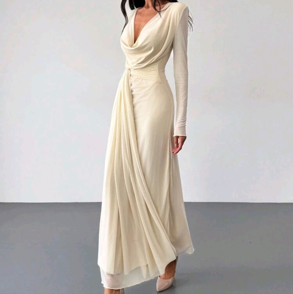 Long Sleeve Skin-Tight Mesh Apricot Color Dress - Picture 1 of 5